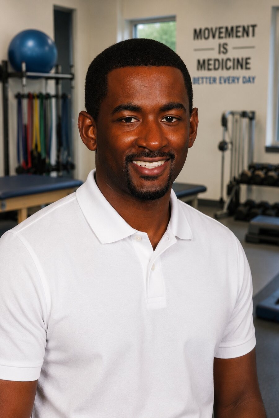 Dr. James Montgomery, DPT, smiling in a physical therapy clinic